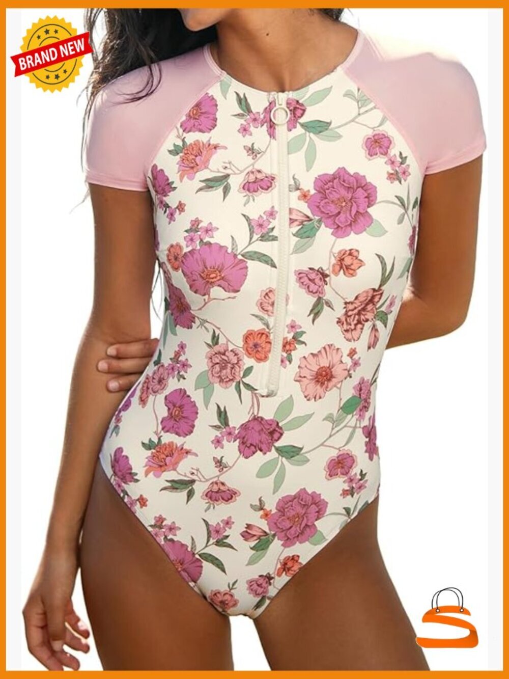 Women's Mock Neck Zipper One Piece Swimsuit Short Sleeve